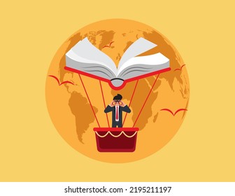 World book day, Searching for opportunities. Successful businessman looking with telescope and flying hot air balloon with book