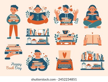 World Book Day. Set for booklovers, bookworms, nerds. Cute creative collection of clip arts with stack of books, persons holding books, reading, hands, typewriter, bookshelf.For stickers, card, banner