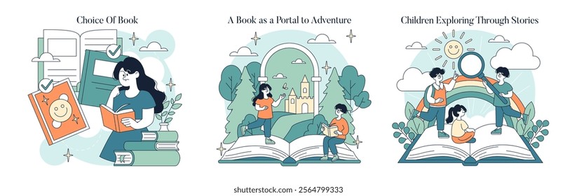 World Book Day set. Celebrating books and their power to inspire, educate, and spark imagination. Choosing books, exploring adventures, and discovering stories through reading. Vector illustration.