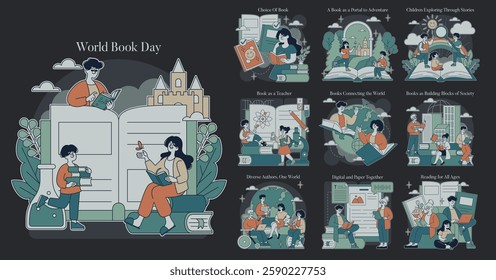 World Book Day set. Celebration of books promoting knowledge and imagination. Features book choices, adventures, storytelling, global connections, and reading for all ages. Encourages learning