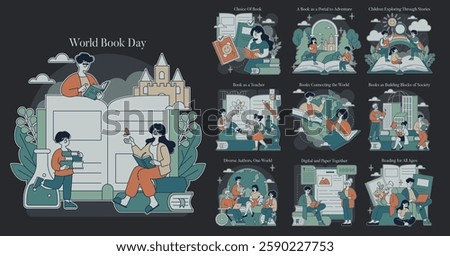 World Book Day set. Celebration of books promoting knowledge and imagination. Features book choices, adventures, storytelling, global connections, and reading for all ages. Encourages learning