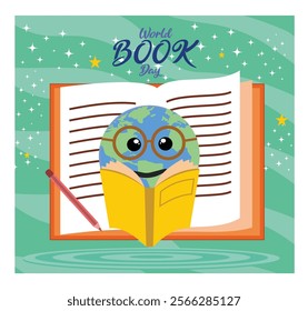 World Book Day showcasing a happy globe character reading a book, promoting literacy and global unity. Flat vector modern illustration 