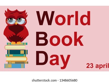 World book day. Smart owl on stack of books, open book and lettering on teal background. 