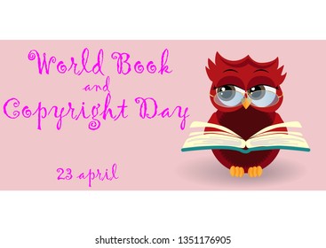 World book day. Smart owl on stack of books, open book and lettering on teal background. Knowledge, education, studying, learning