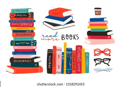 World book day  Stack books  glasses  vertical books   coffee isolated white background  Set hand drawn educational vector illustrations  Every illustration is isolated