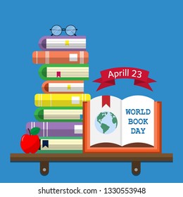 World Book  Day. Stack of books with open book and glasses on bookshelf. Reading vector illustration. 