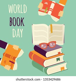 World book day, stack of books with hands and glasses, vector illustration