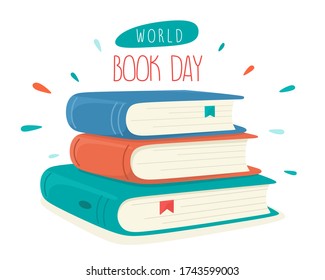 Día Mundial del Libro. Una pila de libros. Ilustración vectorial en estilo plano de caricatura.