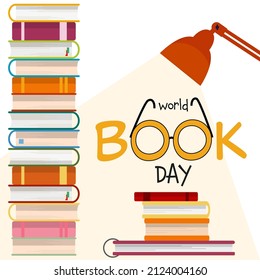 World Book Day. A stack of books and a table lamp on a white background. Vector graphics - Powered by Shutterstock - Get 15% off with code: PIKWIZARD15