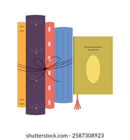 World Book Day. Stack of books, vertical books, open notebook, glasses, coffee, lamp, magnifying glass. Literature, education concept. Colored flat vector illustration isolated on white background.