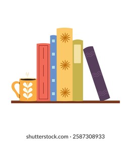 World Book Day. Stack of books, vertical books, open notebook, glasses, coffee, lamp, magnifying glass. Literature, education concept. Colored flat vector illustration isolated on white background.