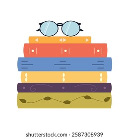 World Book Day. Stack of books, vertical books, open notebook, glasses, coffee, lamp, magnifying glass. Literature, education concept. Colored flat vector illustration isolated on white background.