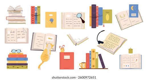 World Book Day. Stack of books, vertical books, open notebook, glasses, coffee, lamp, magnifying glass. Literature, education concept. Colored flat vector illustration isolated on white background.