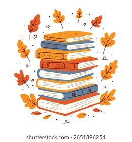 Dia Mundial do Livro. Pilha de livros. desenhados à mão. Folhas espalhadas em círculo. Cores de outono brilhantes. Estilo bonito e acolhedor, fundo branco. Vetor