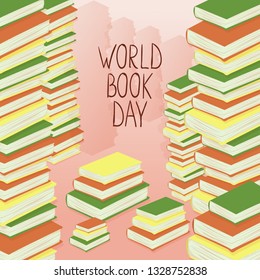 World book day. Stack of colorful books on background.