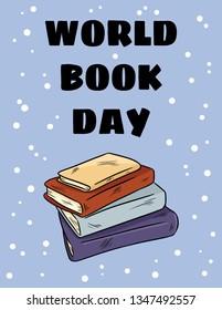 World book day. Stack of colorful books cute cartoon postcard