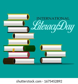 World book day. Stack of colorful books with open book on teal background. Education vector illustration.