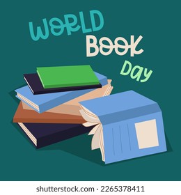World Book Day. A stack of colorful books with text and an open book on a dark background. Illustration of the vector of education. A postcard, a banner, a flyer for the book day. Printing on paper