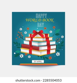 World book day. Stack of colorful books with open book on teal background. Education vector illustration.