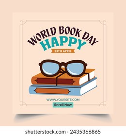 World book day. Stack of colorful books with open book on teal background. Education vector illustration.