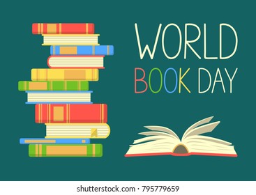 World book day. Stack of colorful books with open book on teal background. Education vector illustration.