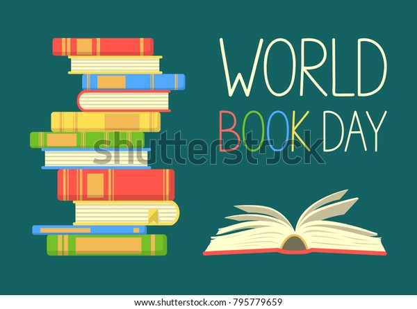 World book\
day. Stack of colorful books with open book on teal background.\
Education vector\
illustration.