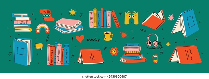 World book day. Stack of hand drawn books, vertical books and coffee isolated educational vector illustrations. Book concepts set.