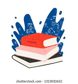 World book day. Stack of three books isolated on a white background with blue water splash. Pile of colorful books. Hand drawn educational vector illustration