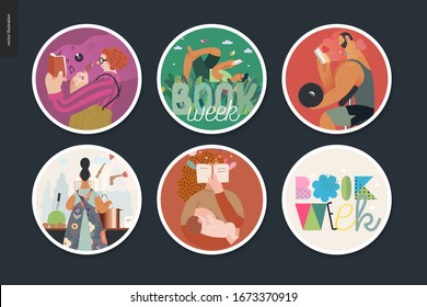 World Book Day stickers -book week events. Modern flat vector concept illustrations of people reading with enthusiasm forgetting about evrything surrounding. Lettering captions