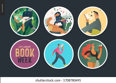 World Book Day stickers -book week events. Modern flat vector concept illustrations of people reading with enthusiasm forgetting about evrything surrounding. Lettering captions