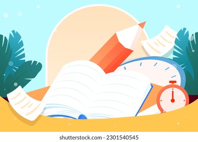 Weltbuchtag, Schüler lesen Lehrbücher für Prüfungen, Pflanzen und Bücher im Hintergrund, Vektorgrafik