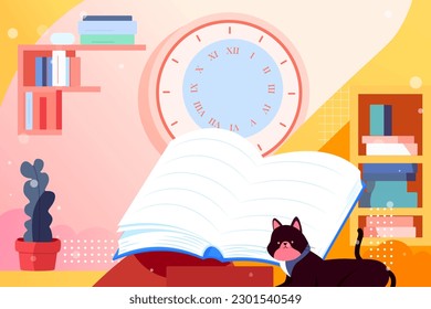 World book day, students are reading textbooks for exams, plants and books in the background, vector illustration