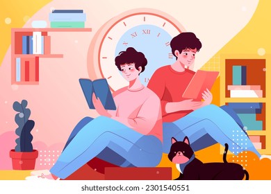 World book day, students are reading textbooks for exams, plants and books in the background, vector illustration