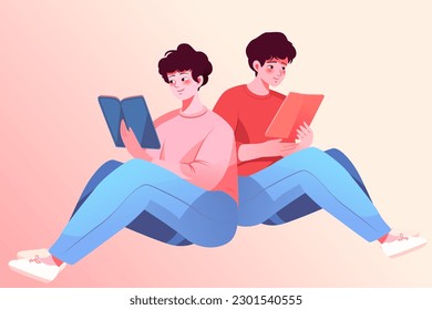 World book day, students are reading textbooks for exams, plants and books in the background, vector illustration