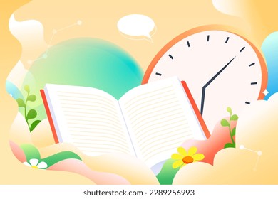 World Book Day, students studying for exams, books and plants in the background, vector illustration