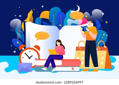 World Book Day, students studying for exams, books and plants in the background, vector illustration