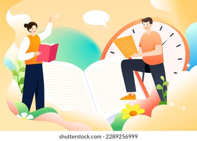 World Book Day, students studying for exams, books and plants in the background, vector illustration
