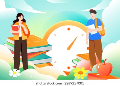 World Book Day, students studying for exams, books and plants in the background, vector illustration