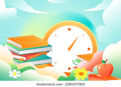 World Book Day, students studying for exams, books and plants in the background, vector illustration