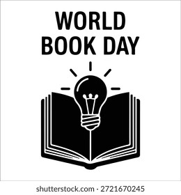 Texto del Día Mundial del Libro sobre un libro abierto con una idea de bombilla