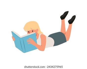 In: World Book Day Theme. Illustration eines Teenager-Mädchens, das in ein Buch vertieft ist, während es auf dem Bauch liegt. Vektor-Charakter auf isoliertem Hintergrund ideal für Bildungs-und Literatur-Projekte.