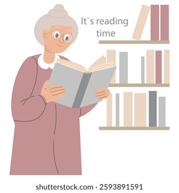 World Book Day. Time to read. Grandmother reading a book, a shelf with books nearby. Global education concept, studying abroad, international schools. Studying at the university. Vector