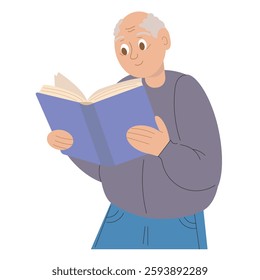 World Book Day. Time to read. Book club. Old, gray-haired Grandfather reads a book. Global education concept, study abroad, international schools. University education. Vector