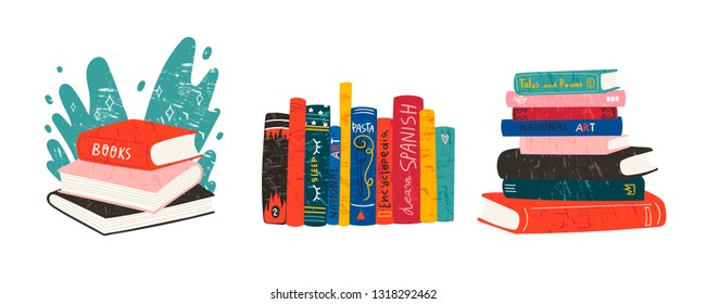 World book day. Various books. Stack of books, books standing vertical isolated on a white background. Set of three hand drawn educational vector illustrations. Every illustration is isolated