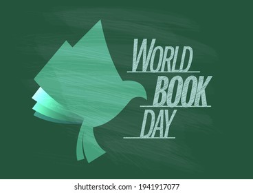 World book day vector banner with green chalkboard and book like a dove bird symbol