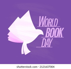Cartel vectorial del Día Mundial del Libro o carta con un libro como un logotipo de ave paloma