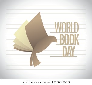 World book day vector card design with flying book like a dove bird