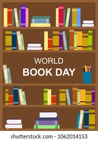 World Book Day. Vector flat book shelf.