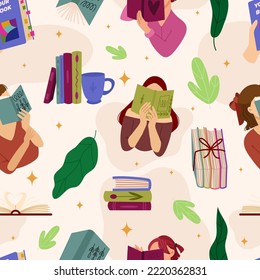 Patrón sin fisuras del vector del día mundial del libro. Impresión interminable y acogedora con dibujos a mano con mujer lectora y pila de libros.