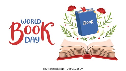 World Book day web banner. Open book with floral pattern. Festive Invitation background for books lovers. Hand drawn lettering. Horizontal Backdrop postcard, poster, template. Vector flat illustration
